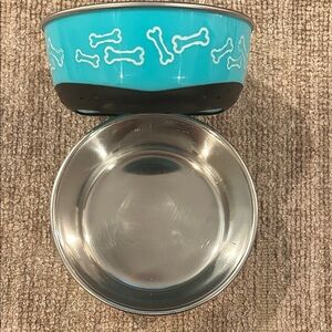 Set of Aqua Blue and Black Stainless Steel Dog Bowls with Bone Pattern